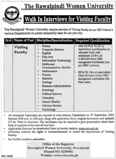 Rawalpindi Women University Jobs 2023