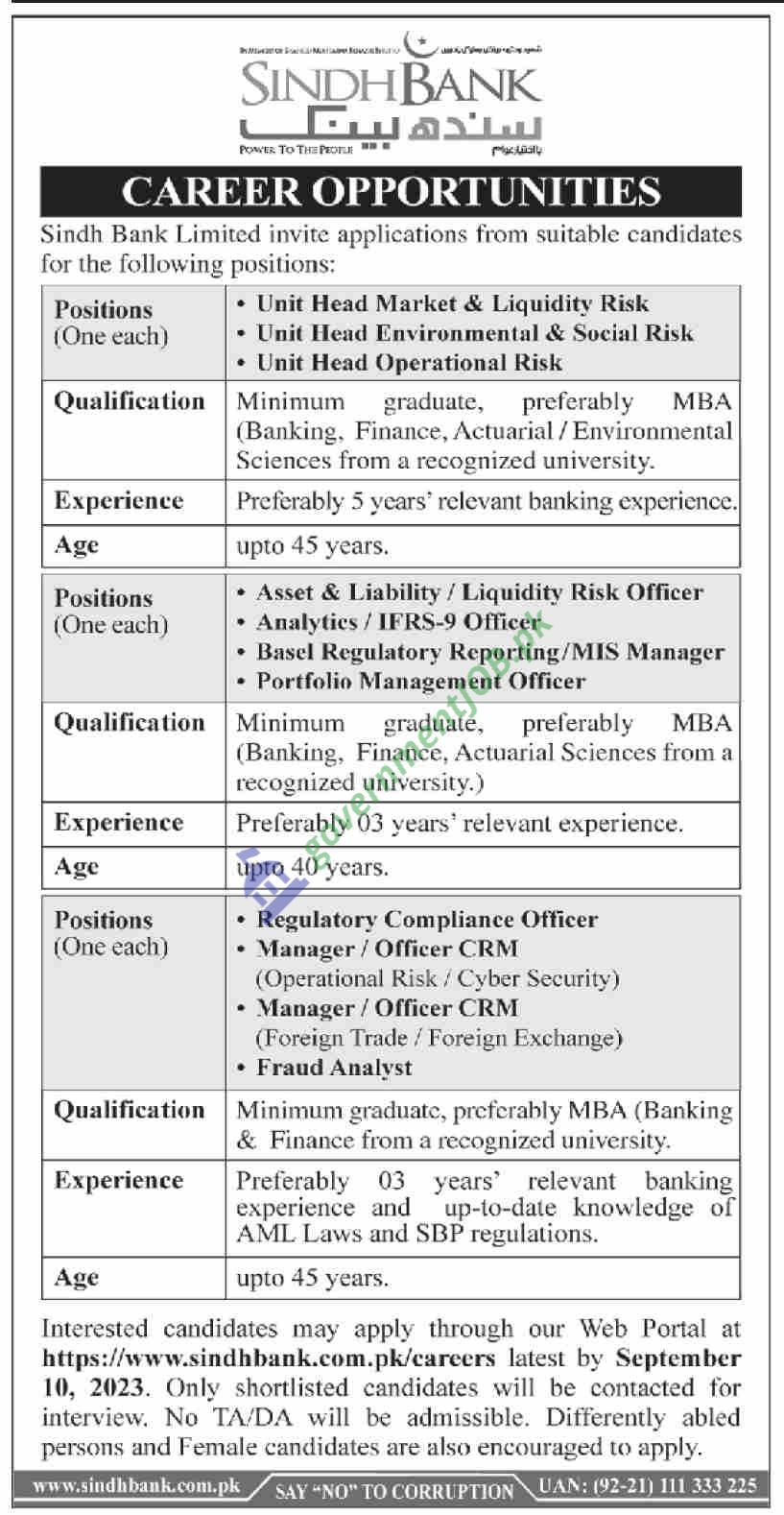 Sindh Bank Jobs 2023